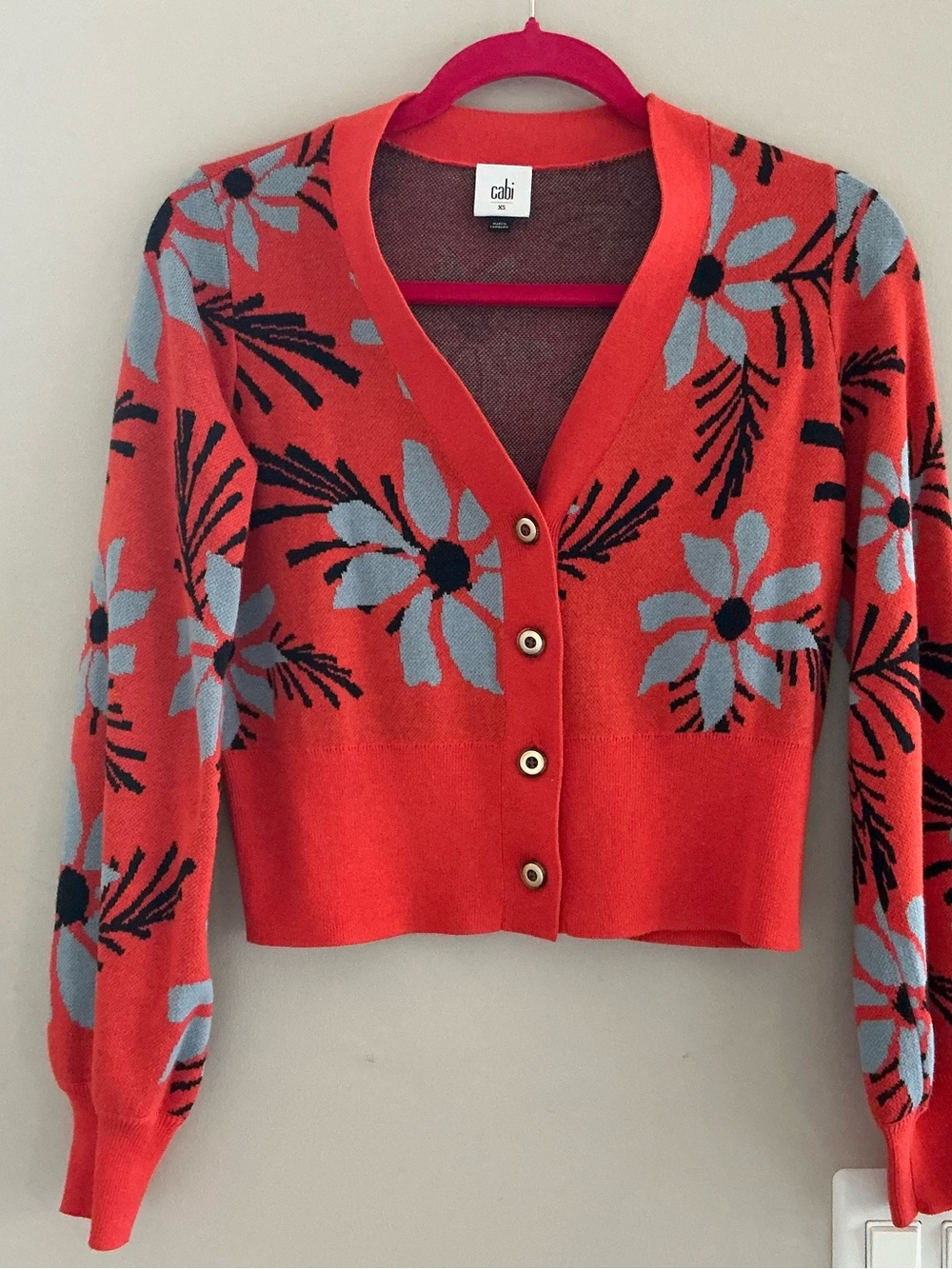 CAbi coral floral V-neck buttoned cardigan with blue accents